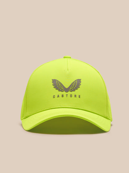 Neon lime Castore Active Cap front view with wing logo and curved brim