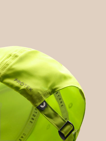 Close-up of lime neon cap back with adjustable strap and Protek branding