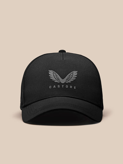 Front view of black cap with CASTORE logo and wings on the front panel