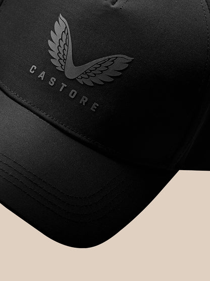 Black nylon cap with embossed Castore wings logo and branding on the front panel