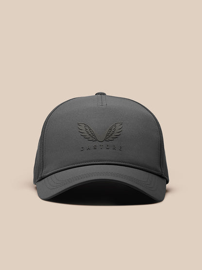 Front view of charcoal Castore cap with embossed wings logo on the crown