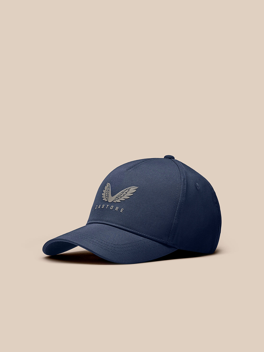Front view of navy cap featuring Castore wing logo and branding