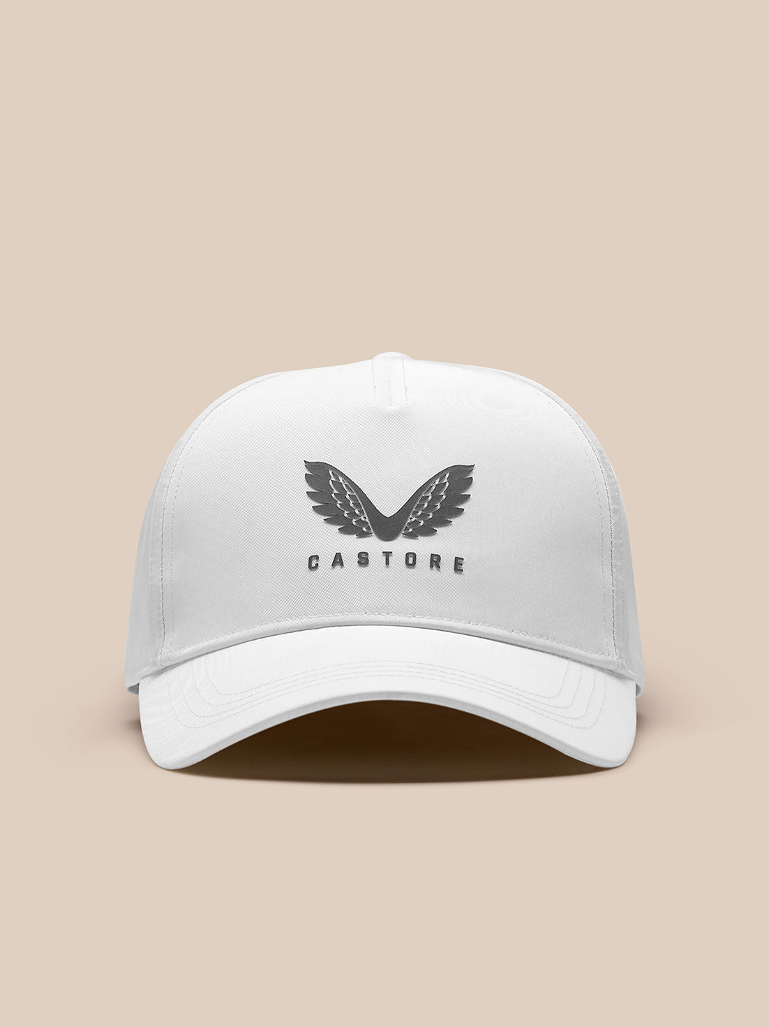 Front view of white nylon cap featuring the Castore logo with a winged design.