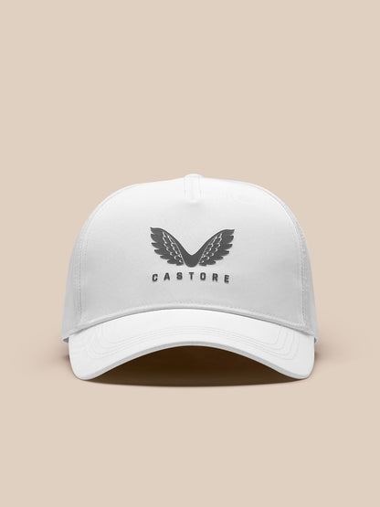 Front view of white nylon cap featuring the Castore logo with a winged design.