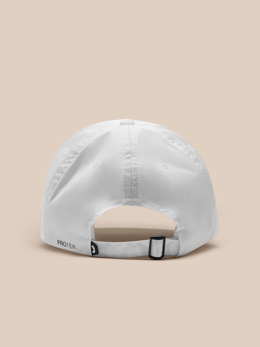 Back view of white nylon cap with adjustable strap and metal buckle; PROTEK branding visible.