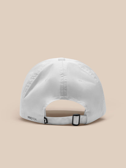 Back view of white nylon cap with adjustable strap and metal buckle; PROTEK branding visible.