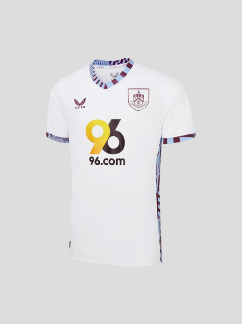 Burnley 24/25 men's third shirt white with purple blue striped collar and trimmed sleeves and 96.com sponsor.