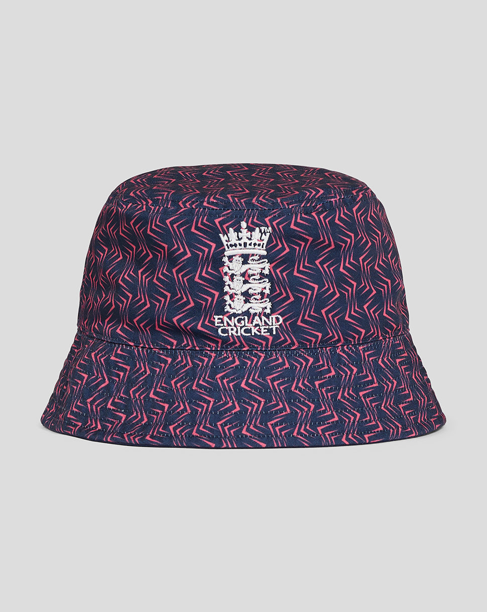 England cricket reversible bucket hat with navy pink zigzag pattern and crest emblem