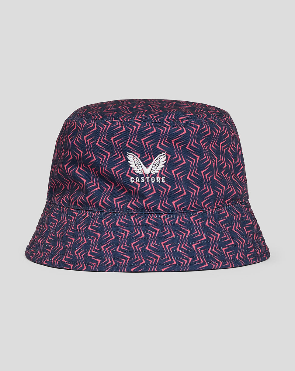 Navy bucket hat with pink zigzag pattern and Castore logo on front
