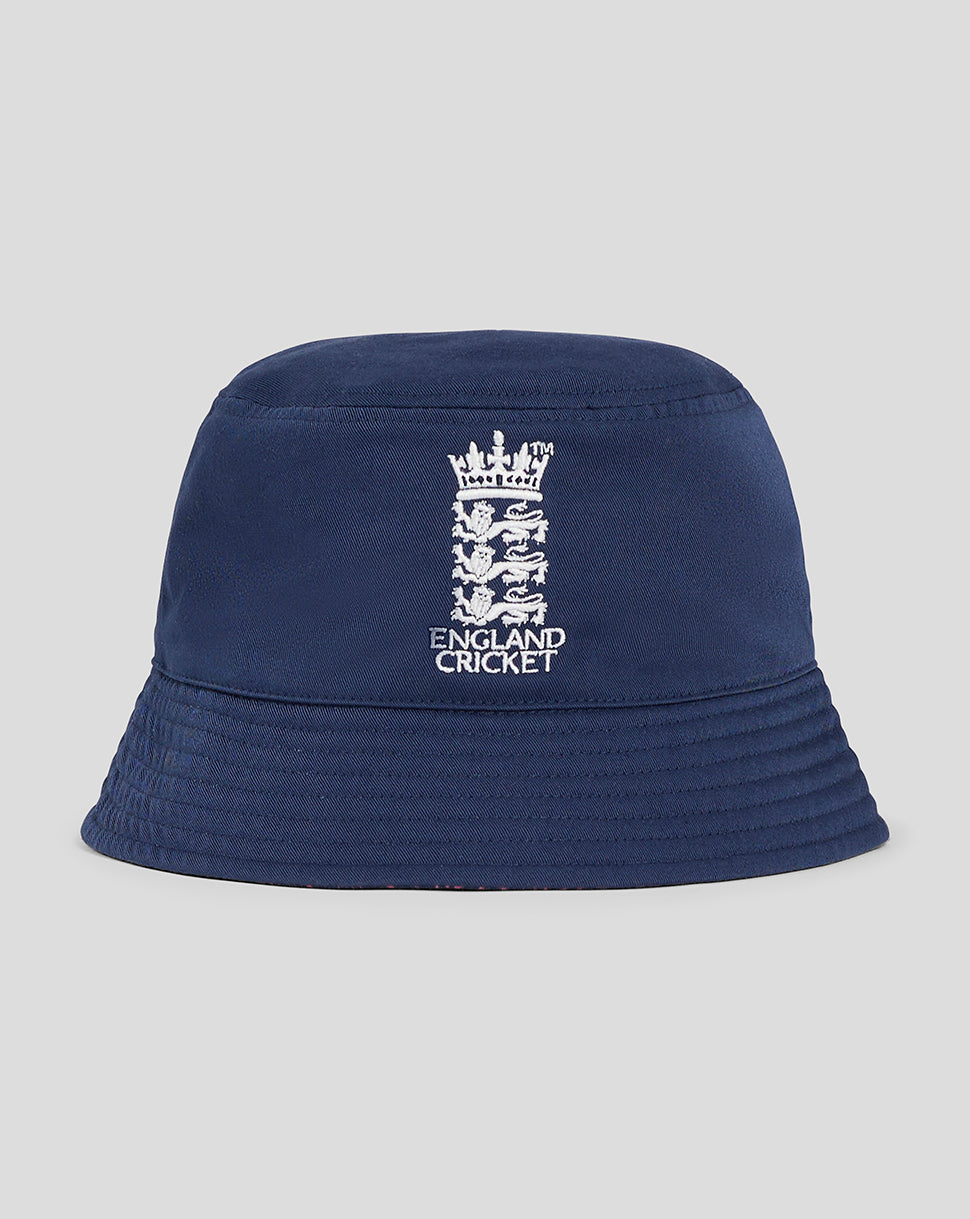 Navy England cricket reversible bucket hat with white crest embroidery