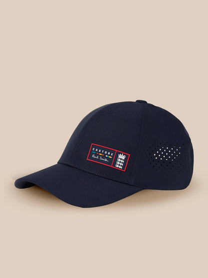 Navy cap with front left ECB patch and back rainbow stripe, vented side panel