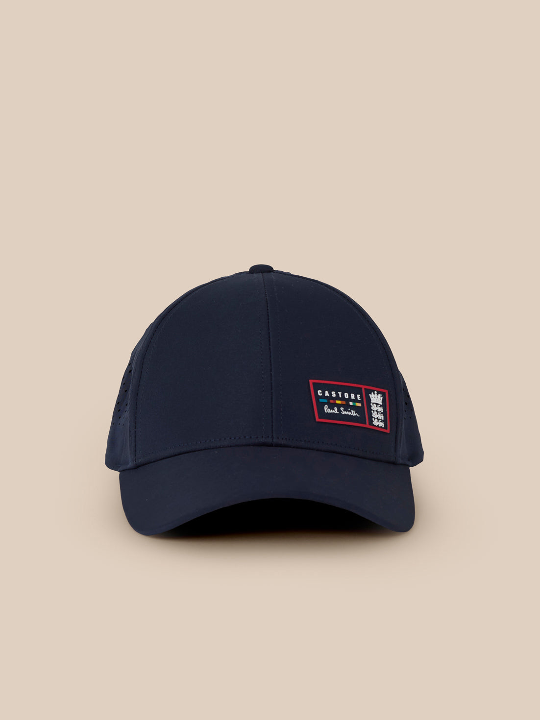 Navy Paul Smith x Castore England Cricket Training Cap front view with front patch and rear stripe