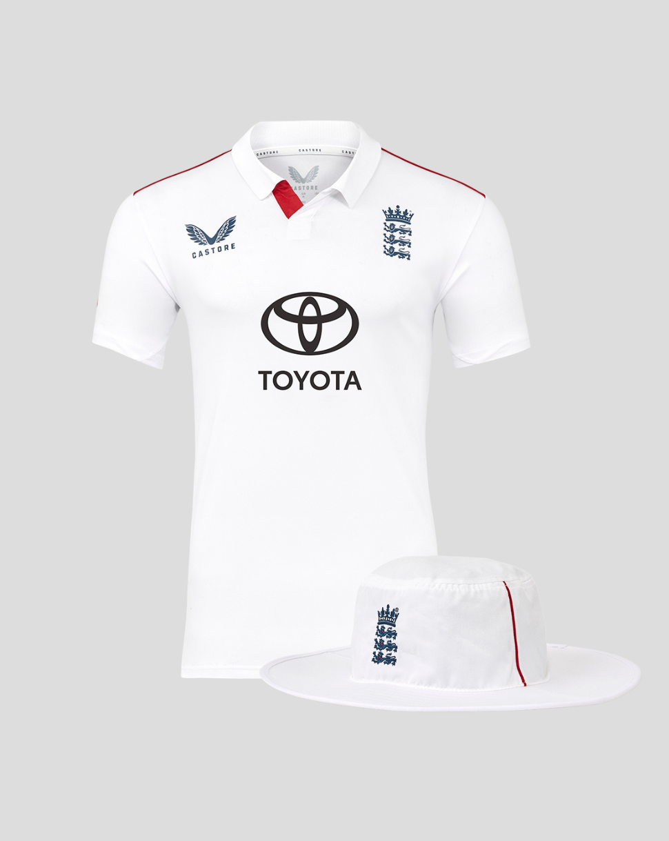 White England cricket shirt with crest and Toyota logo paired with a white wide brim hat