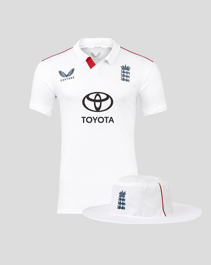 White England cricket shirt with crest and Toyota logo paired with a white wide brim hat