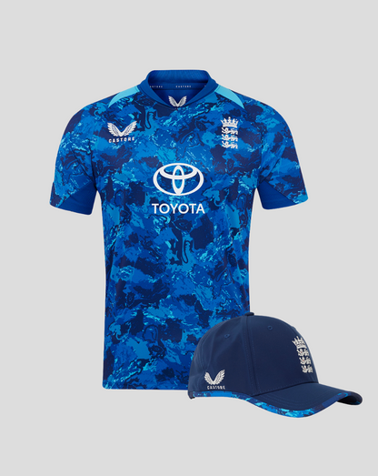 Front view of blue camo junior England ODI shirt with matching cap showing Castore logo and England crest