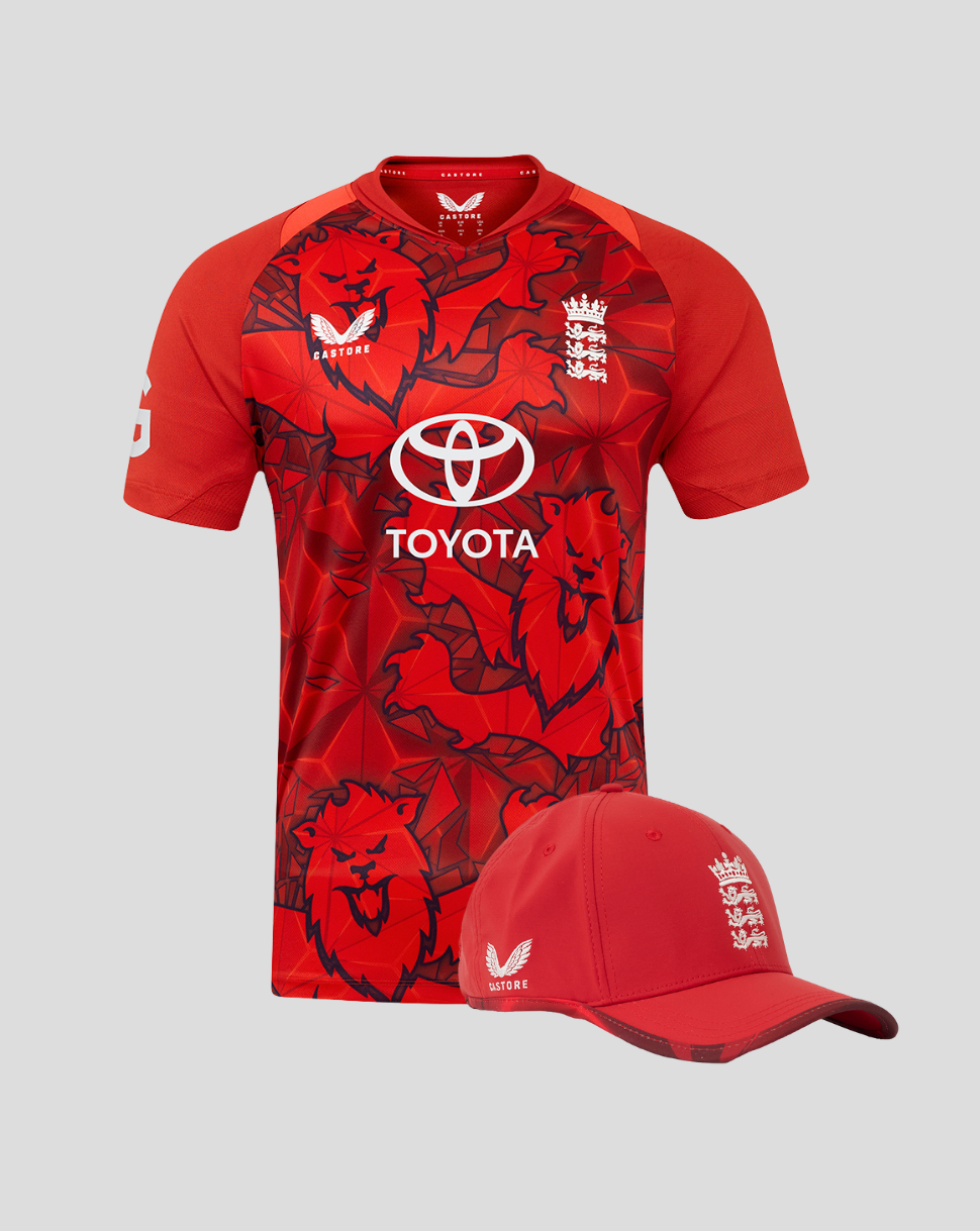 Red England 25/26 T20 shirt with bold lion graphic and Toyota sponsor, paired with matching red cap.