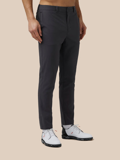 Front view of men's grey golf trousers with belt loops and side pockets.