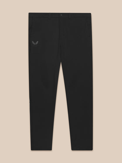 Front view of black Golf Club Trousers 34 inches laid flat with waistband belt loops and left hip logo