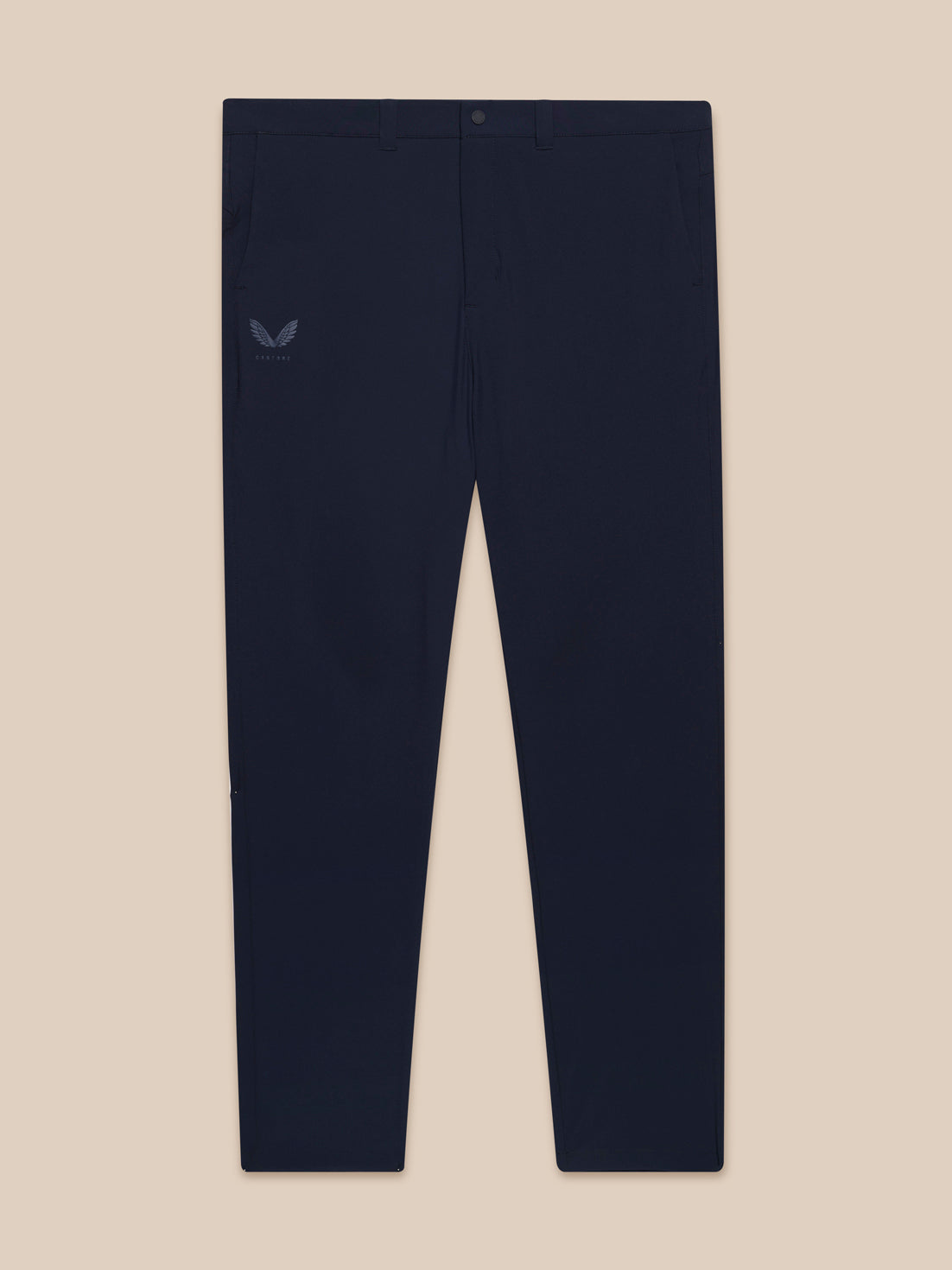 Flat lay of navy Golf Club Trousers 32 inch leg with waistband belt loops and left pocket logo