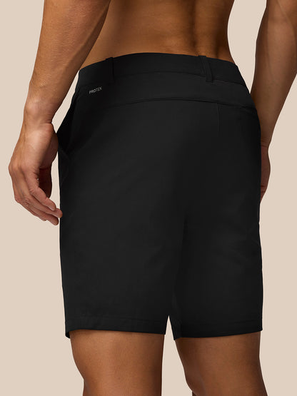 Back view of black golf shorts with a right rear pocket and ProTek branding on left rear waistband.