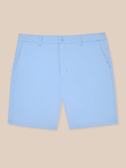 Rear view of sky blue golf shorts showing belt loops and clean stitching
