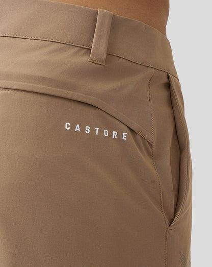 Beige golf shorts close up at the waist with belt loop and Castore branding on the right thigh and rear