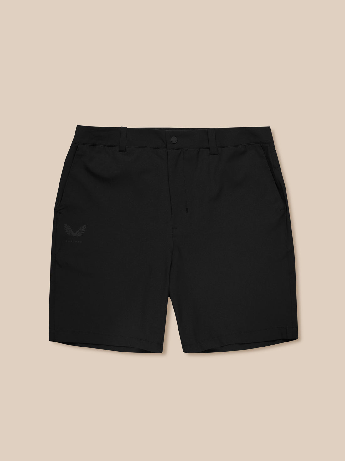 Back view of black golf shorts with a small embossed logo on the left hip.
