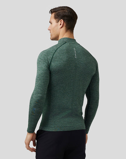 Back view of male model wearing pine grey body mapped seamless quarter zip top with stand collar.