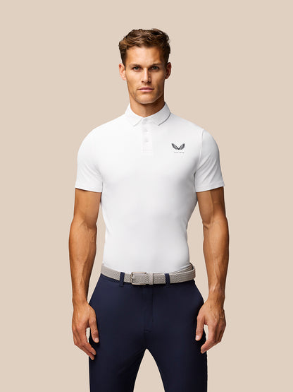 Back view of white Golf Club Essential Polo showing Castore branding on upper back and Aertek branding at lower back