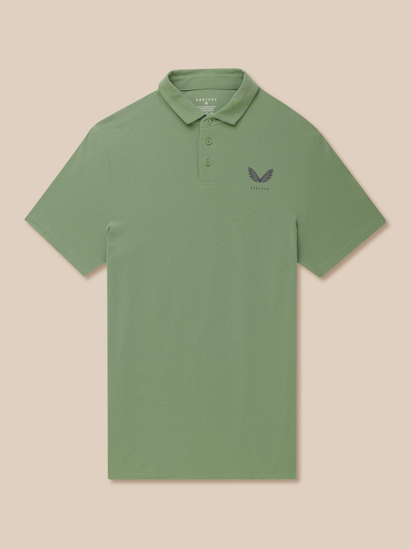 Close-up of olive green Golf Club Essential Polo showing collar and left chest logo.