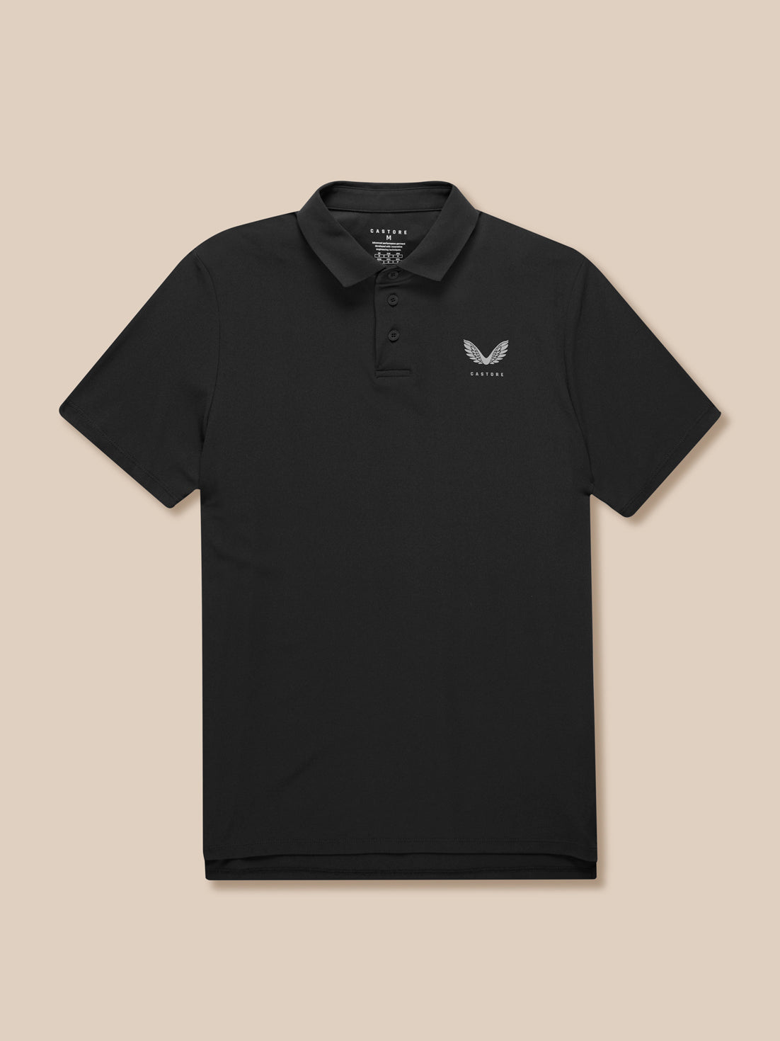 Male model in black Golf Club Essential Polo front view highlighting three button placket.