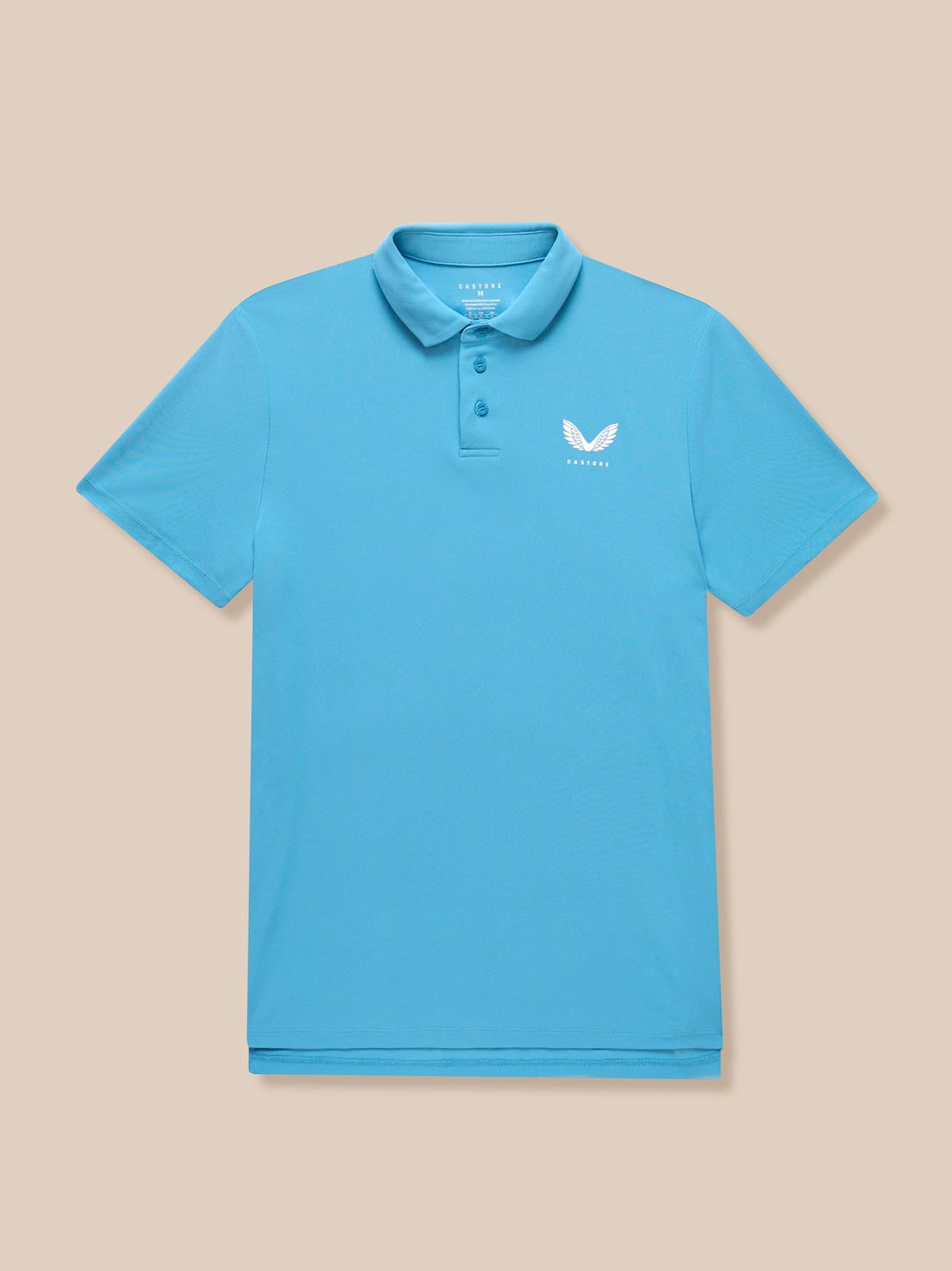 Corn blue Club Golf Polo laid flat with pointed collar and three-button placket, Castore logos on chest upper back and front hem.