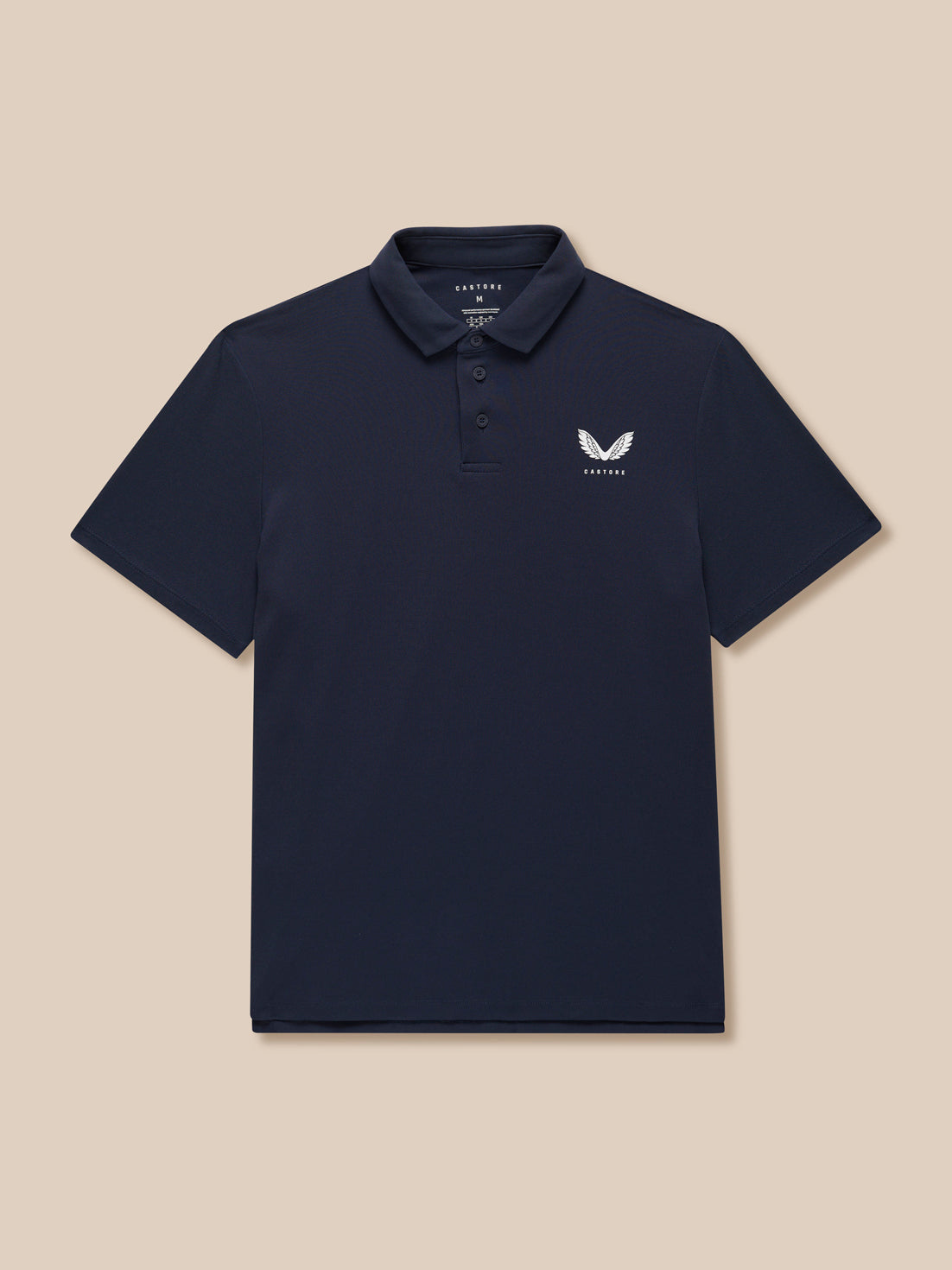 Navy polo laid flat showing a three-button placket and Castore logo on the left chest