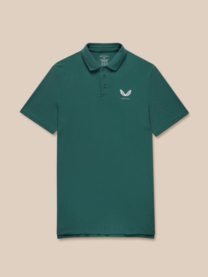 Front view of a green Club Golf Polo laid flat with white Castore crest on the left chest