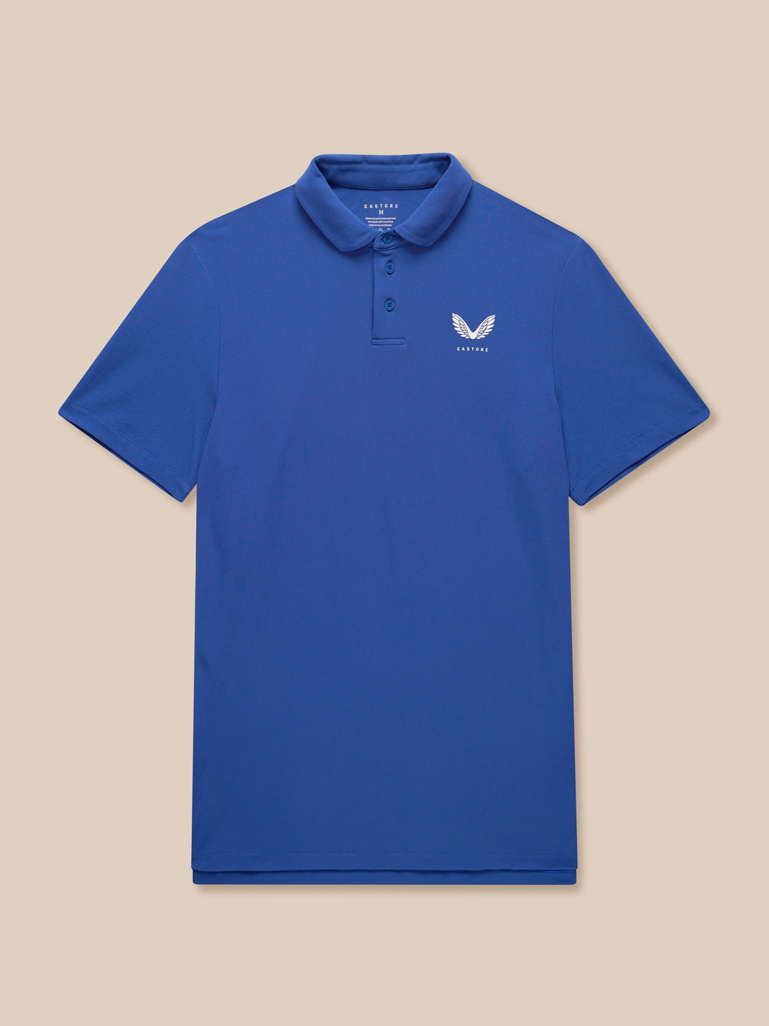 Royal blue Club Golf Polo on a model with three button placket and left chest Castore logo.