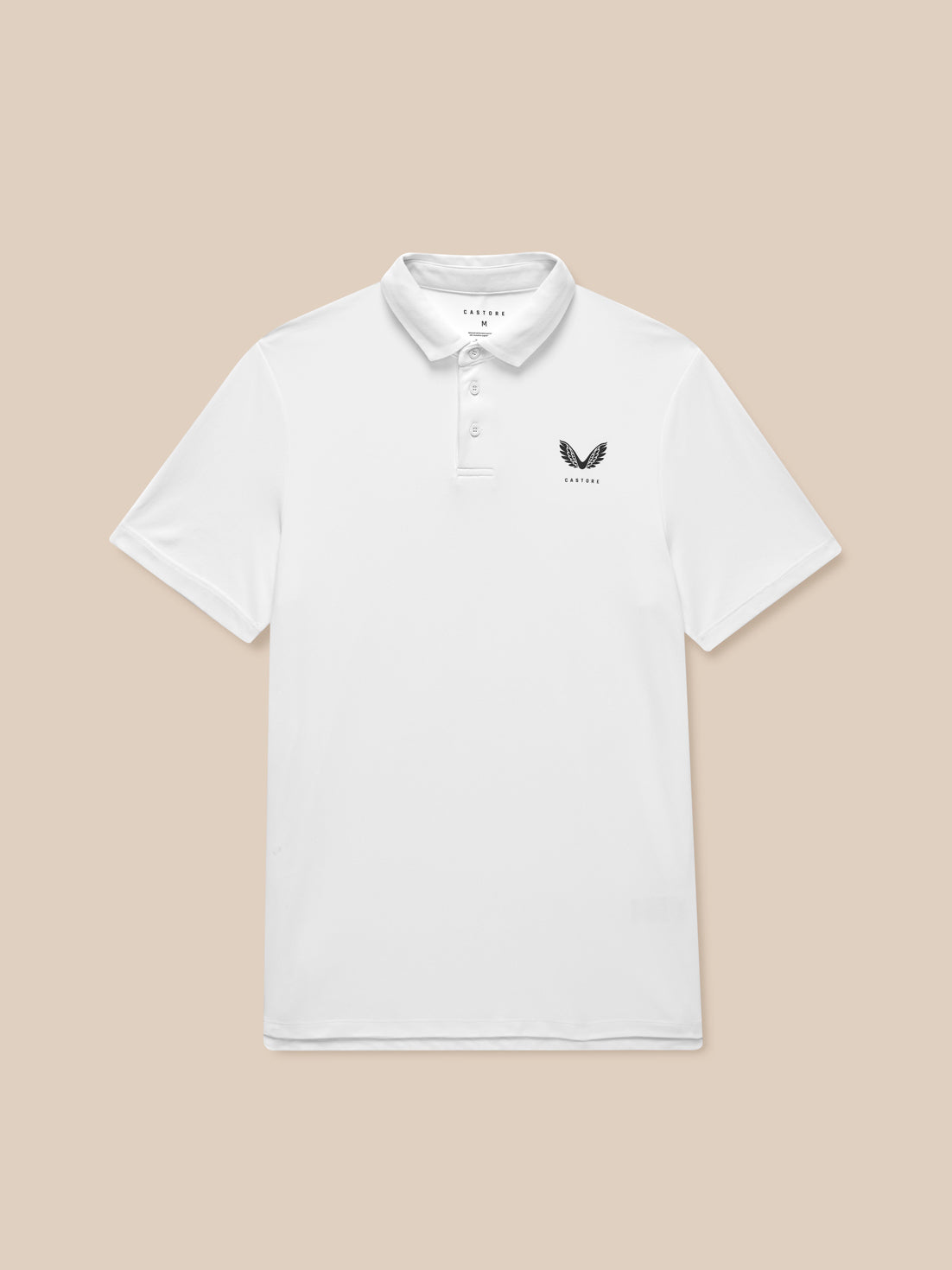 White golf polo with pointed collar and three-button placket featuring Castore logo on chest