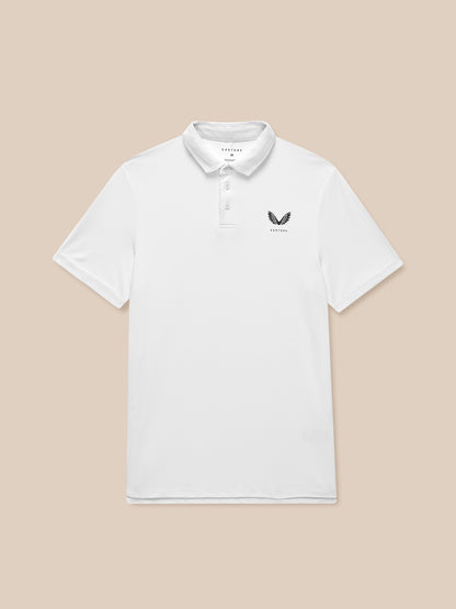 White golf polo with pointed collar and three-button placket featuring Castore logo on chest