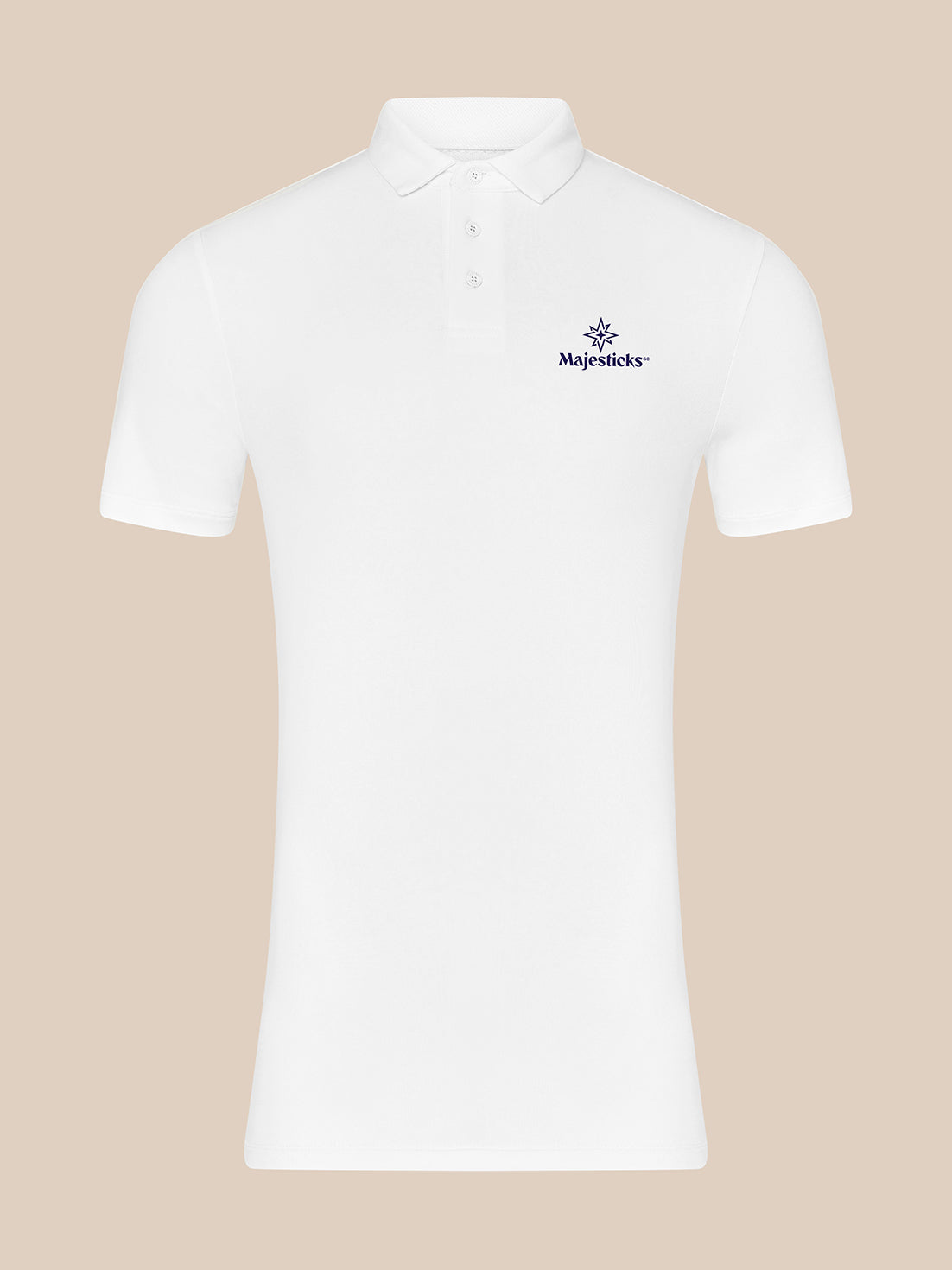 White Majesticks polo shirt front with left chest logo and three-button placket