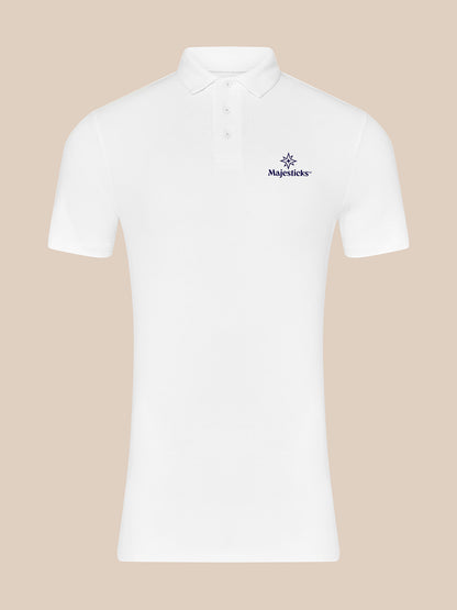 White Majesticks polo shirt front with left chest logo and three-button placket