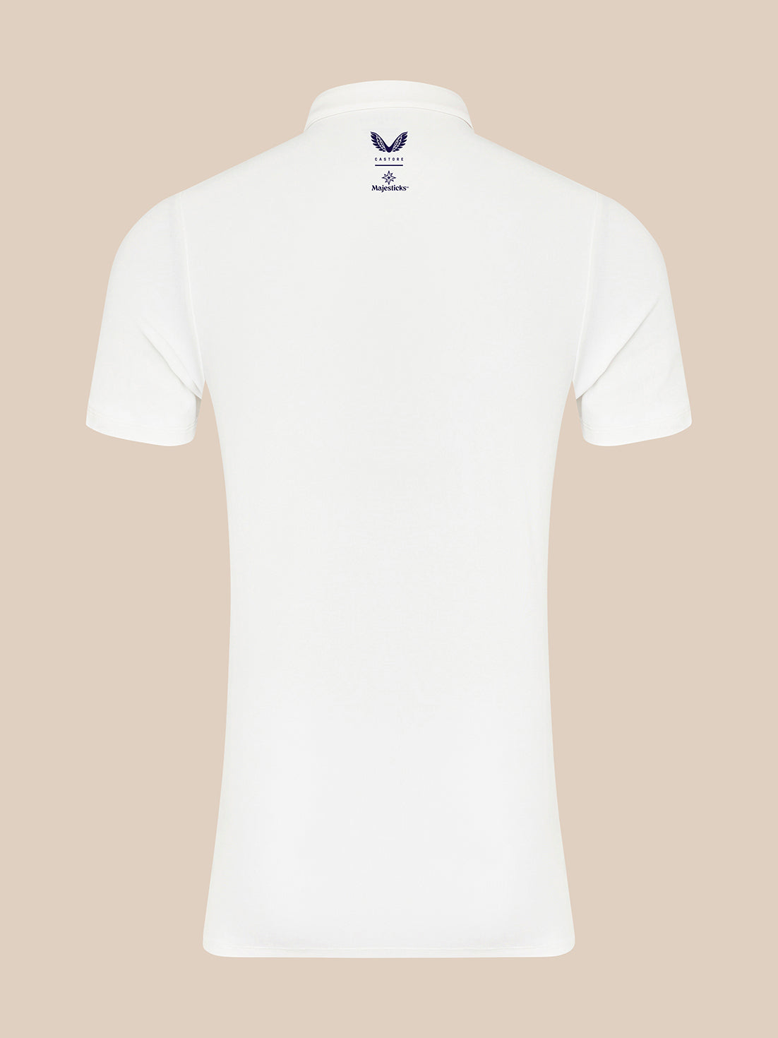 Back view of white Majesticks polo with Castore and Majesticks branding at the neck area