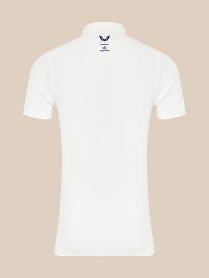 Back view of white Majesticks polo with Castore and Majesticks branding at the neck area