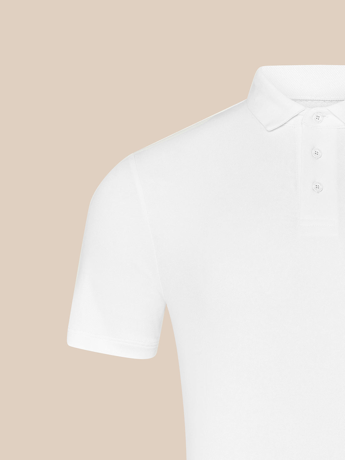 Majesticks white golf polo shirt with pointed collar and three-button placket close-up of shoulder