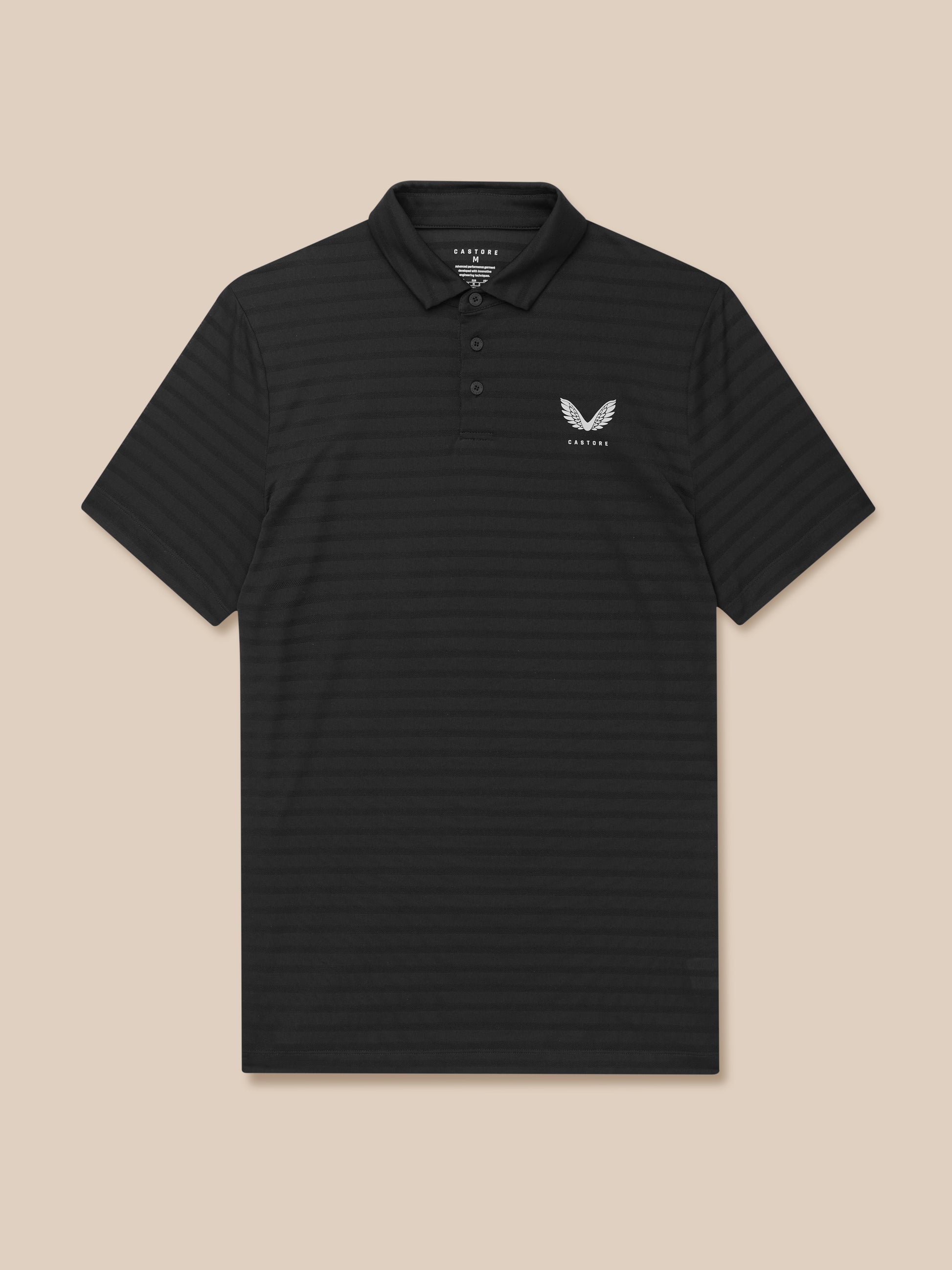 Black striped polo with a three button placket and a white wing logo on the left chest