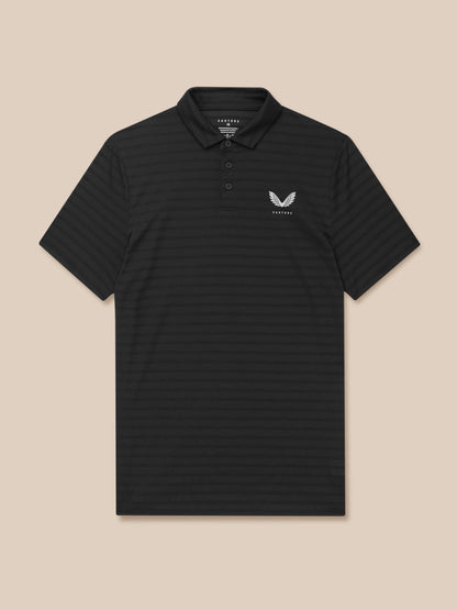Black striped polo with a three button placket and a white wing logo on the left chest