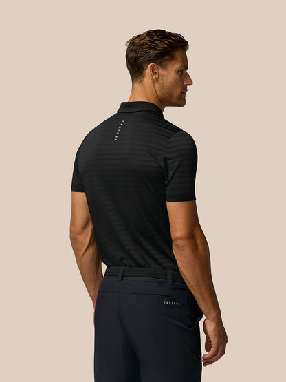 Back view of a black Golf Pinnacle Pique Stripe Polo showing subtle stripes and Castore branding on the upper back