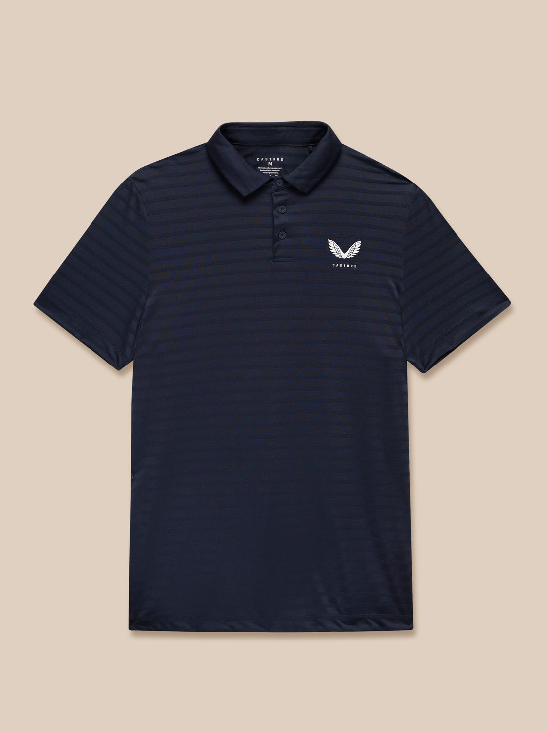 Navy Pinnacle Pique Stripe Polo laid flat showing stripe texture and left chest logo.