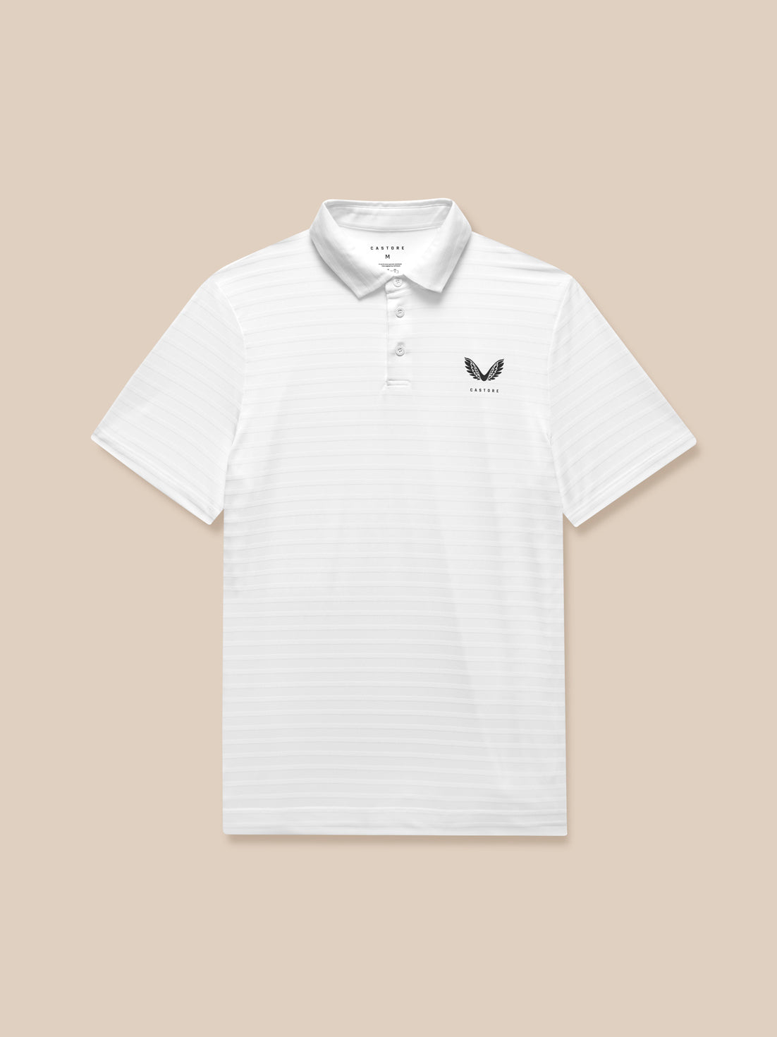 Front view of white textured polo with horizontal stripes and Castore logo on left chest