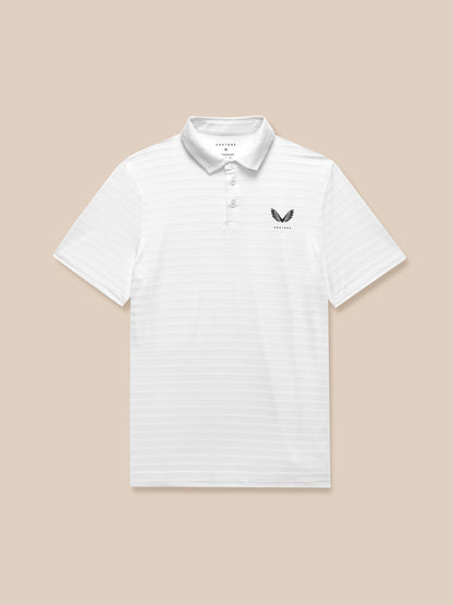 Front view of white textured polo with horizontal stripes and Castore logo on left chest