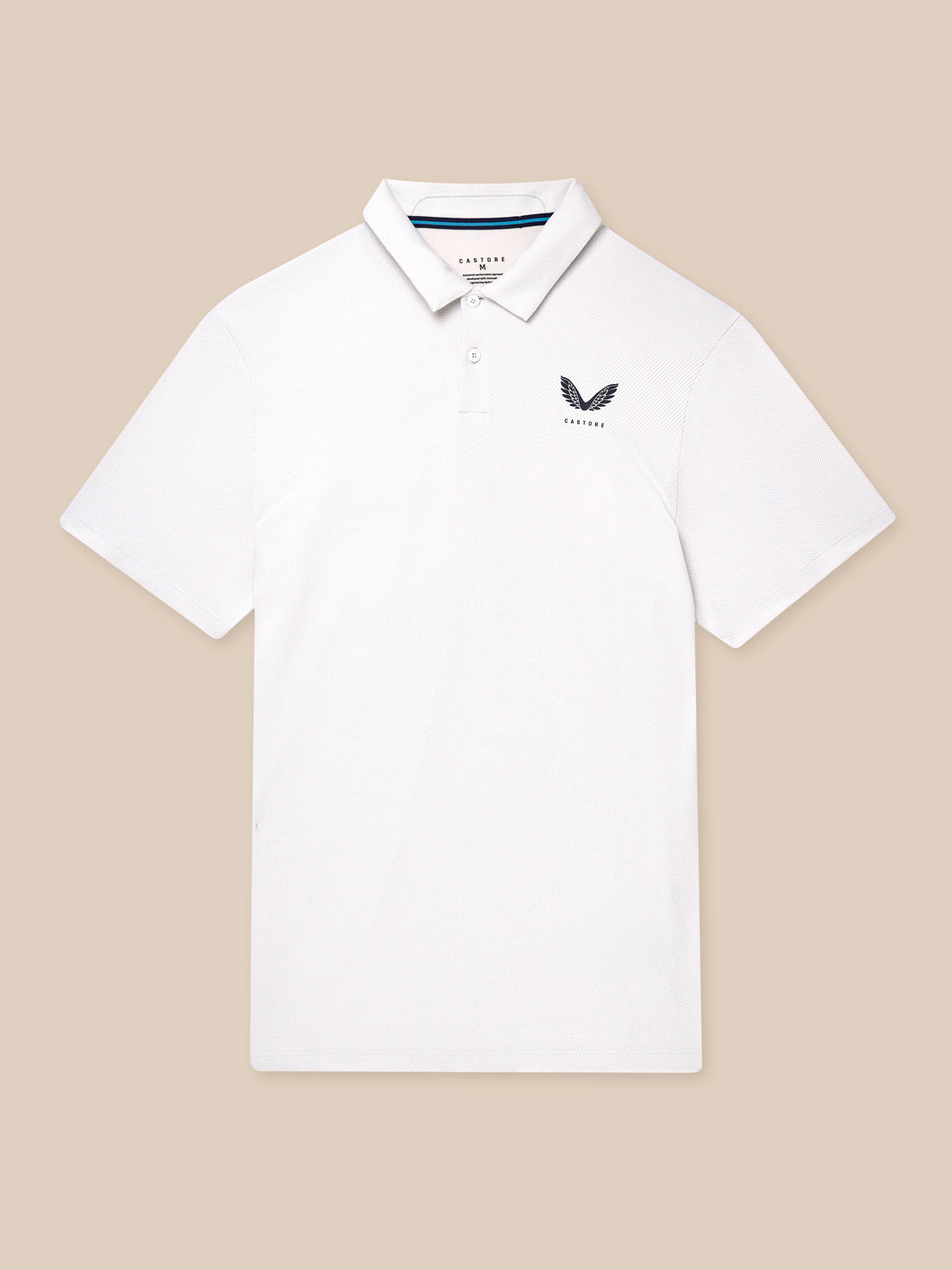 White Engineered Knit Polo Top on a beige backdrop with Castore logo on chest