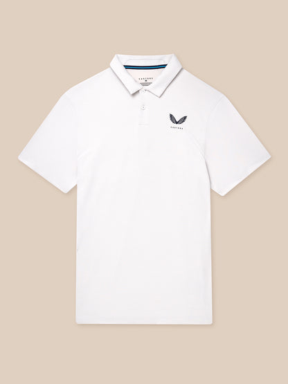 White Engineered Knit Polo Top on a beige backdrop with Castore logo on chest